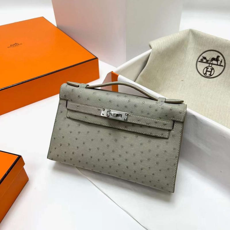 MINI KELLY POCHETTE OSTRICH CK80 PEARL GREY SILVER HARDWARE PHW 22CM FULL HANDMADE