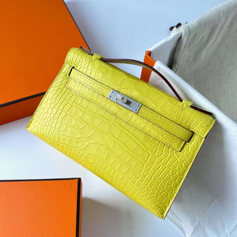 MINI KELLY POCHETTE MATTE ALLIGATOR 9R LEMON YELLOW SILVER HARDWARE PHW 22CM FULL HANDMADE