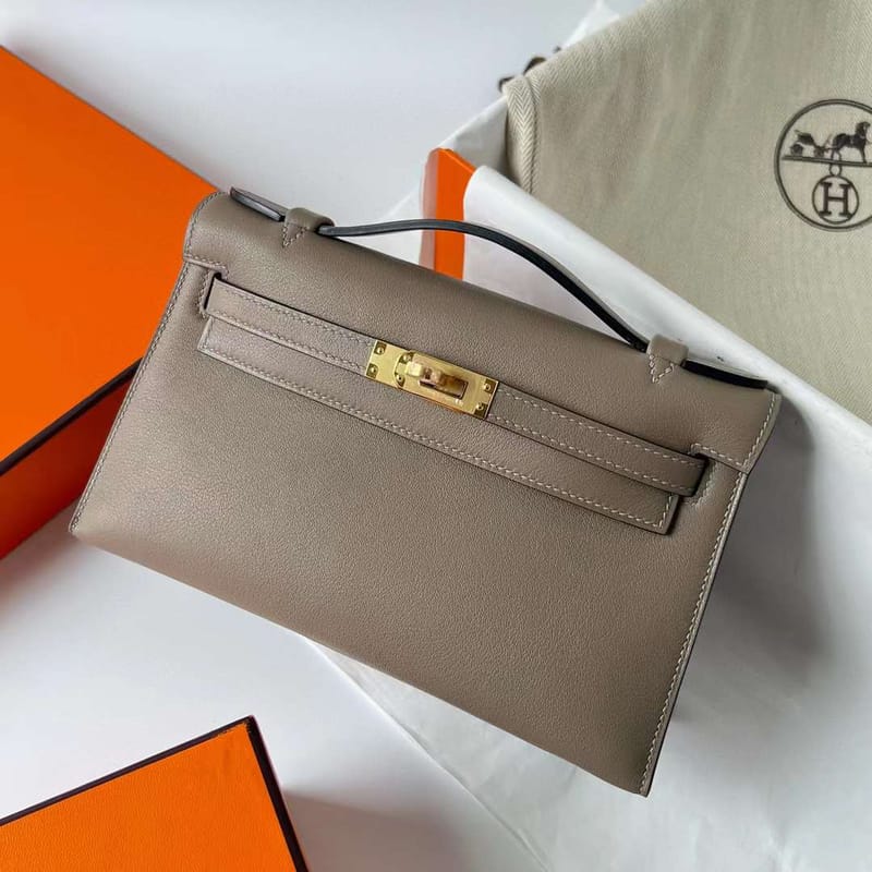 MINI KELLY POCHETTE SWIFT M8 GRIS ASHPITE GOLD HARDWARE GHW 22CM FULL HANDMADE