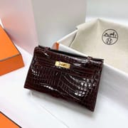 MINI KELLY POCHETTE SHINY NILO CROCODILE CC31 DARK BROWN GOLD HARDWARE GHW 22CM FULL HANDMADE
