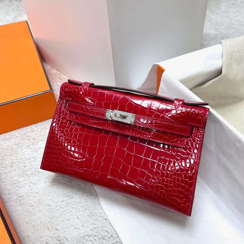 MINI KELLY POCHETTE SHINY ALLIGATOR CROCODILE CK95 FERRARI RED SILVER HARDWARE PHW 22CM FULL HANDMADE