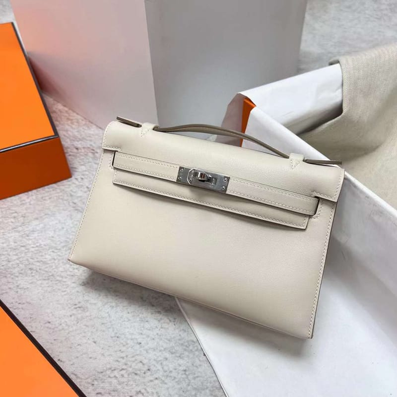 MINI KELLY POCHETTE SWIFT CK10 CREAMY WHITE SILVER HARDWARE PHW 22CM FULL HANDMADE