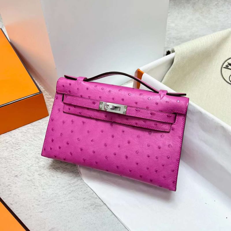 MINI KELLY POCHETTE OSTRICH 9I ROSE PINK SILVER HARDWARE PHW 22CM FULL HANDMADE