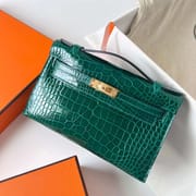 MINI KELLY POCHETTE SHINY ALLIGATOR CROCODILE 6Q JADE GREEN GOLD HARDWARE GHW 22CM FULL HANDMADE
