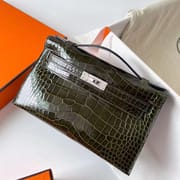 MINI KELLY POCHETTE SHINY ALLIGATOR CROCODILE 6H OLIVE GREEN SILVER HARDWARE PHW 22CM FULL HANDMADE