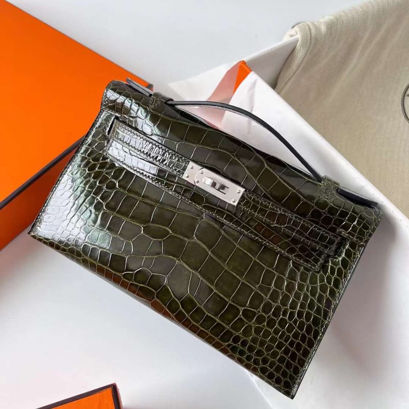 MINI KELLY POCHETTE SHINY ALLIGATOR CROCODILE 6H OLIVE GREEN SILVER HARDWARE PHW 22CM FULL HANDMADE