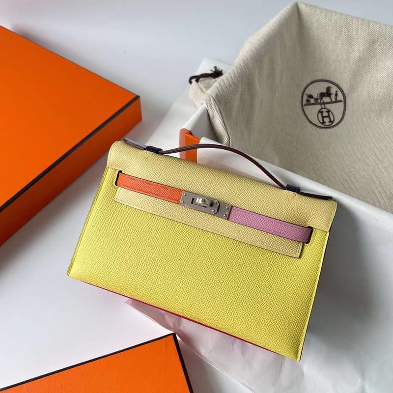 MINI KELLY POCHETTE EPSOM HSS 9R LEMON YELLOW & 1Z LIGHT YELLOW & X9 MALLOW PURPLE & 9J ORANGE & T0 LIGHT BLUE & 1K BAMBOO GREEN & A5 CUCKOO RED SILVER HARDWARE 22CM FULL HANDMADE