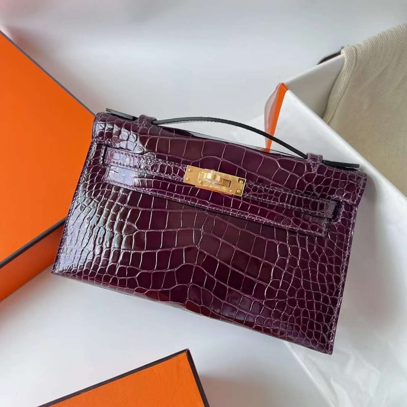 MINI KELLY POCHETTE SHINY ALLIGATOR N5 GALLON PURPLE GOLD HARDWARE GHW 22CM FULL HANDMADE