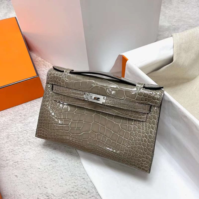 MINI KELLY POCHETTE SHINY ALLIGATOR CROCODILE CK81 GRISS SILVER HARDWARE PHW 22CM FULL HANDMADE