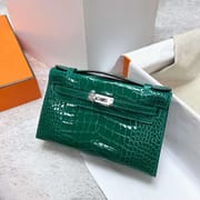 MINI KELLY POCHETTE SHINY ALLIGATOR CROCODILE 6Q JADE GREEN SILVER HARDWARE PHW 22CM FULL HANDMADE