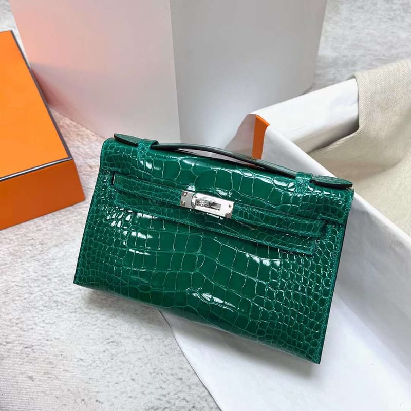 MINI KELLY POCHETTE SHINY ALLIGATOR CROCODILE 6Q JADE GREEN SILVER HARDWARE PHW 22CM FULL HANDMADE