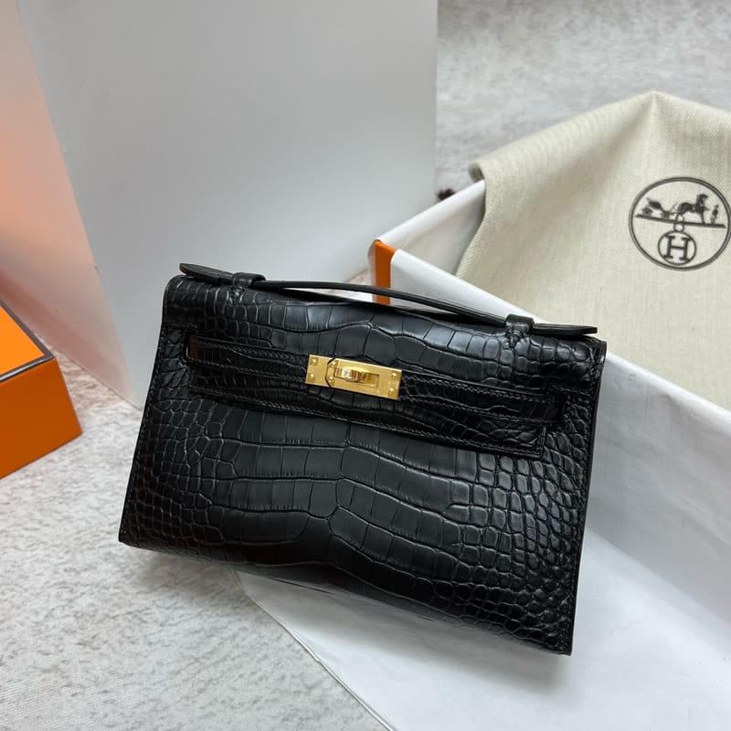MINI POCHETTE ALLIGATOR MATTE CK89 BLACK GOLD HARDWARE GHW 22CM FULL HANDMADE
