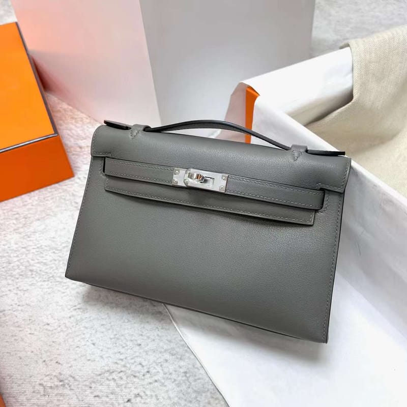 MINI KELLY POCHETTE SWIFT 8F TINWARE GREY SILVER HARDWARE PHW 22CM FULL HANDMADE