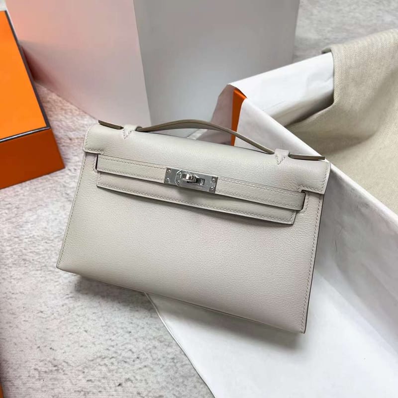 MINI KELLY POCHETTE SWIFT CK80 PEARL GREY SILVER HARDWARE PHW 22CM FULL HANDMADE