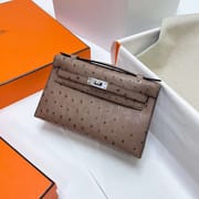 MINI KELLY POCHETTE OSTRICH LIGHT COFFEE SILVER HARDWARE PHW 22CM FULL HANDMADE