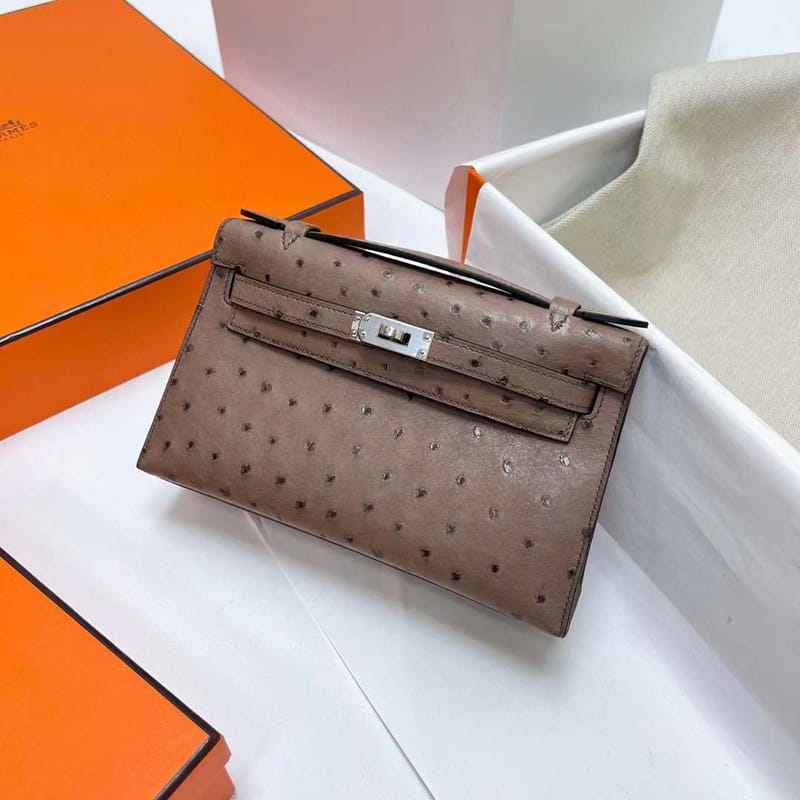 MINI KELLY POCHETTE OSTRICH LIGHT COFFEE SILVER HARDWARE PHW 22CM FULL HANDMADE