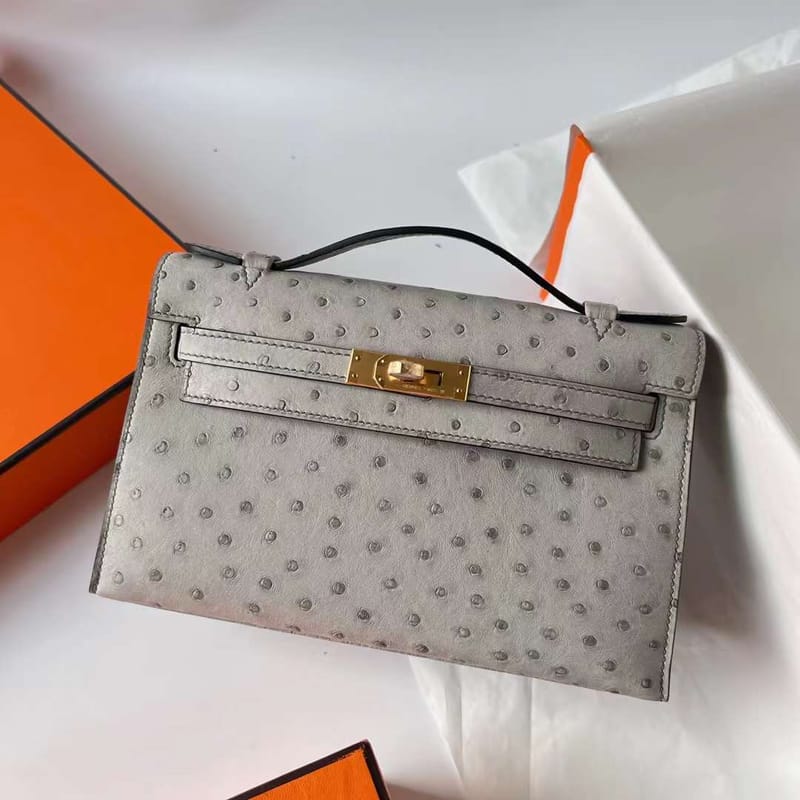 MINI KELLY POCHETTE OSTRICH 8U ICE GREY GOLD HARDWARE GHW 22CM FULL HANDMADE