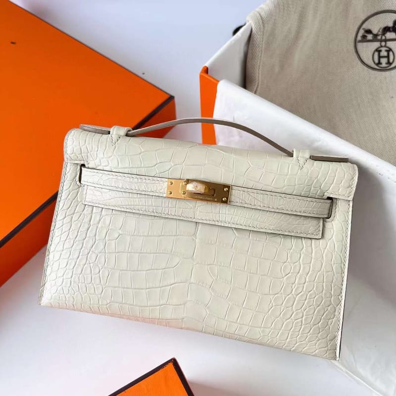 MINI KELLY POCHETTE MATTE ALLIGATOR CROCODILE 8L CREAMY WHITE GOLD HARDWARE 22CM FULL HANDMADE
