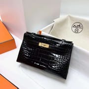 MINI KELLY POCHETTE SHINY ALLIGATOR CROCODILE CK89 BLACK GOLD HARDWARE GHW 22CM FULL HANDMADE