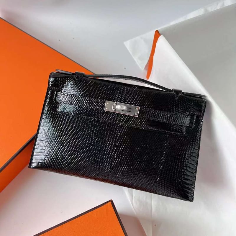 MINI KELLY POCHETTE LIZARD CK89 BLACK NOIR SILVER HARDWARE PHW 22CM FULL HANDMADE
