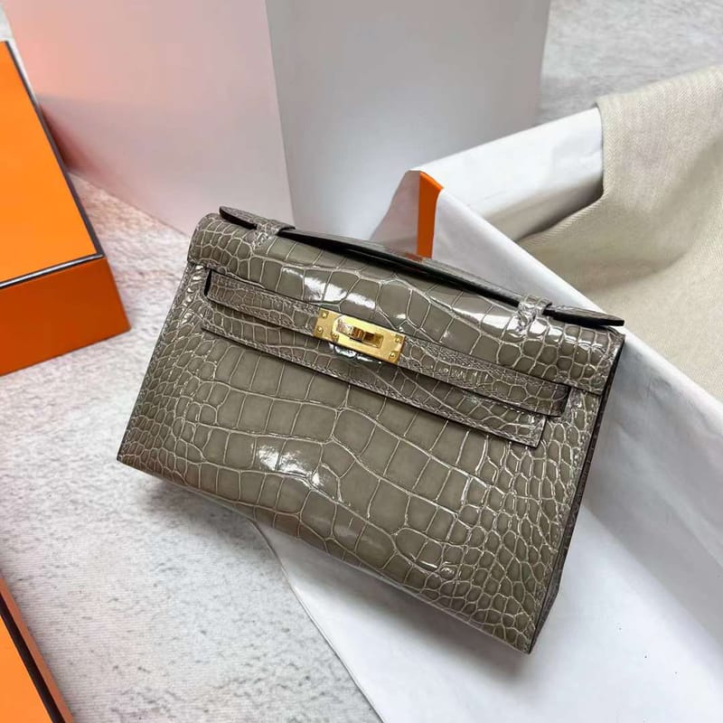 MINI KELLY POCHETTE SHINY ALLIGATOR CROCODILE CK81 GRISS GOLD HARDWARE GHW 22CM FULL HANDMADE