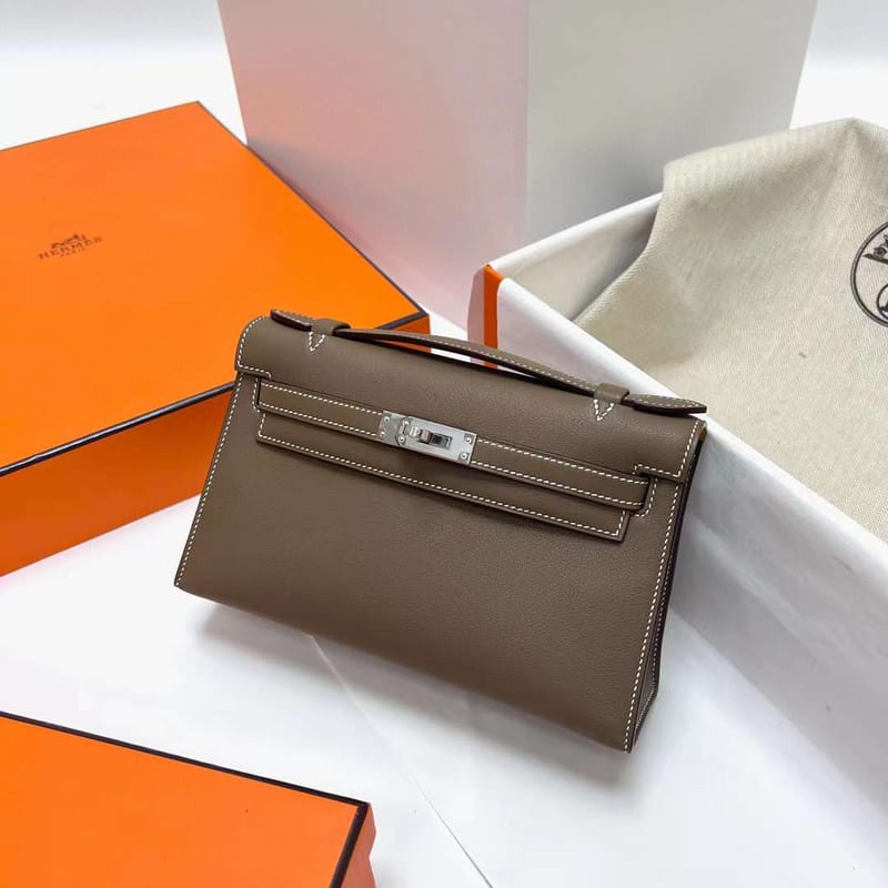Kelly Pochette Swift Ck18 Etoupe Grey & 9d Amber Yellow Silver Hardware Phw 22cm Full Handmade