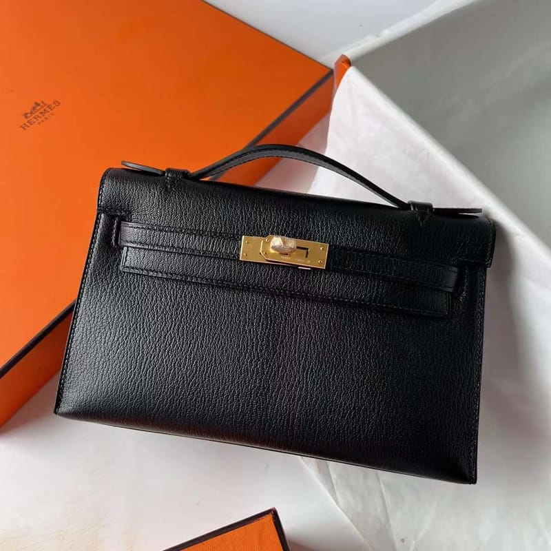 Kelly Pochette Chevre Ck89 Black Gold Hardware Ghw 22cm Full Handmade