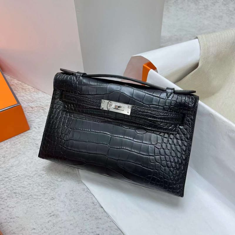 MINI KELLY POCHETTE MATTE ALLIGATOR CK89 BLACK SILVER HARDWARE PHW 22CM FULL HANDMADE