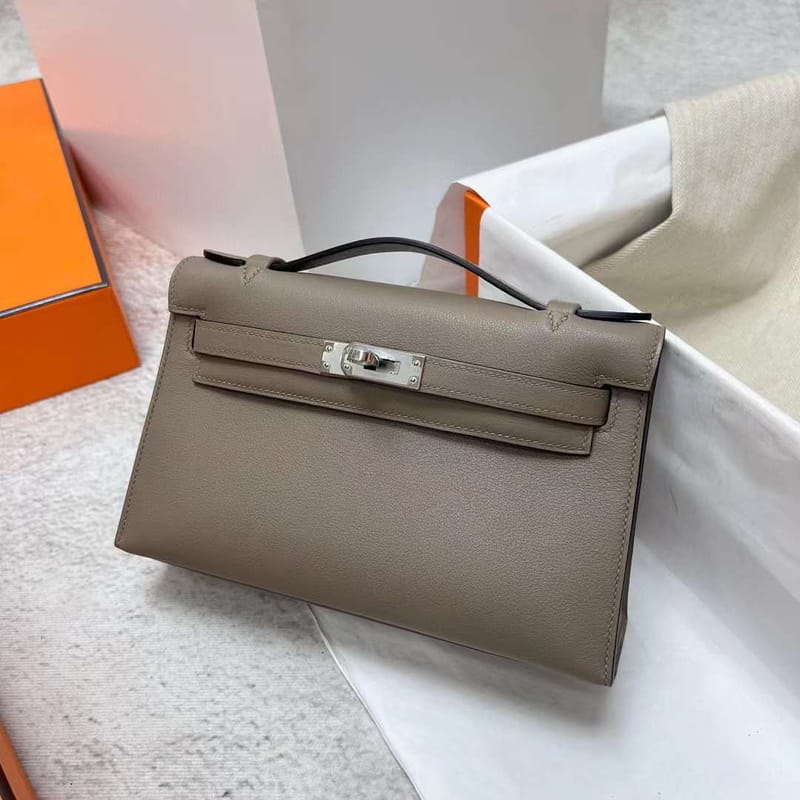 MINI KELLY POCHETTE SWIFT M8 GRIS ASHPITE SILVER HARDWARE PHW 22CM FULL HANDMADE