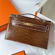 MINI KELLY POCHETTE SHINY ALLIGATOR CROCODILE CK17 COFFEE GOLD HARDWARE GHW 22CM FULL HANDMADE