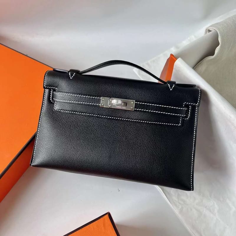 MINI KELLY POCHETTE SWIFT CK89 BLACK & 9D AMBER YELLOW SILVER HARDWARE PHW 22CM FULL HANDMADE