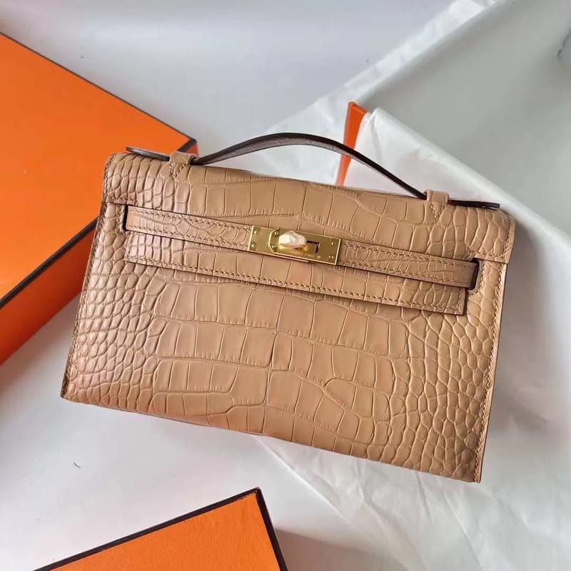 MINI KELLY POCHETTE MATTE ALLIGATOR 0M KAHAKI CHAI GOLD HARDWARE GHW 22CM FULL HANDMADE
