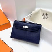 MINI KELLY POCHETTE OSTRICH CK73 GEM BLUE SILVER HARDWARE PHW 22CM FULL HANDMADE