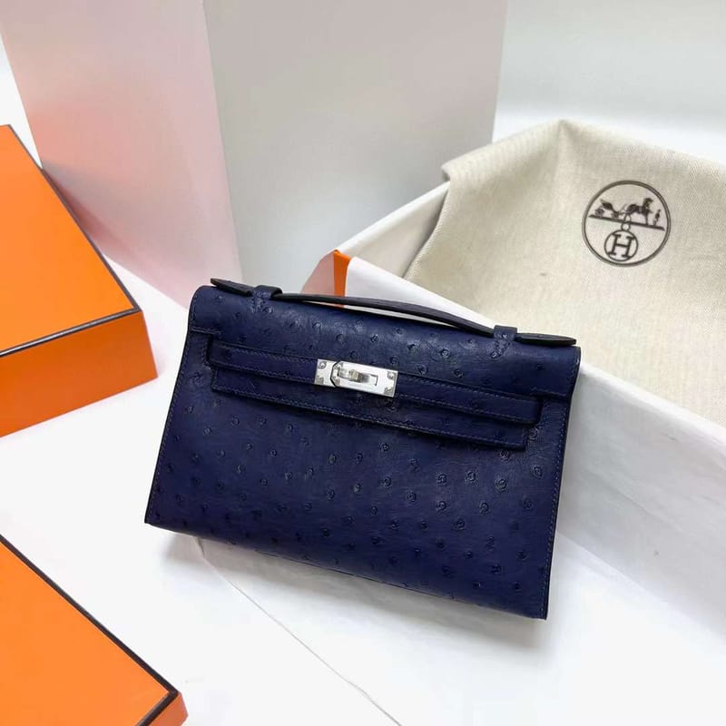 MINI KELLY POCHETTE OSTRICH CK73 GEM BLUE SILVER HARDWARE PHW 22CM FULL HANDMADE