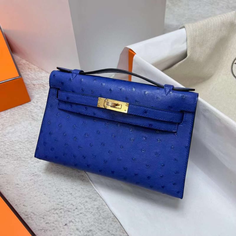 MINI KELLY POCHETTE OSTRICH 7T BRIGHT BLUE GOLD HARDWARE GHW 22CM FULL HANDMADE