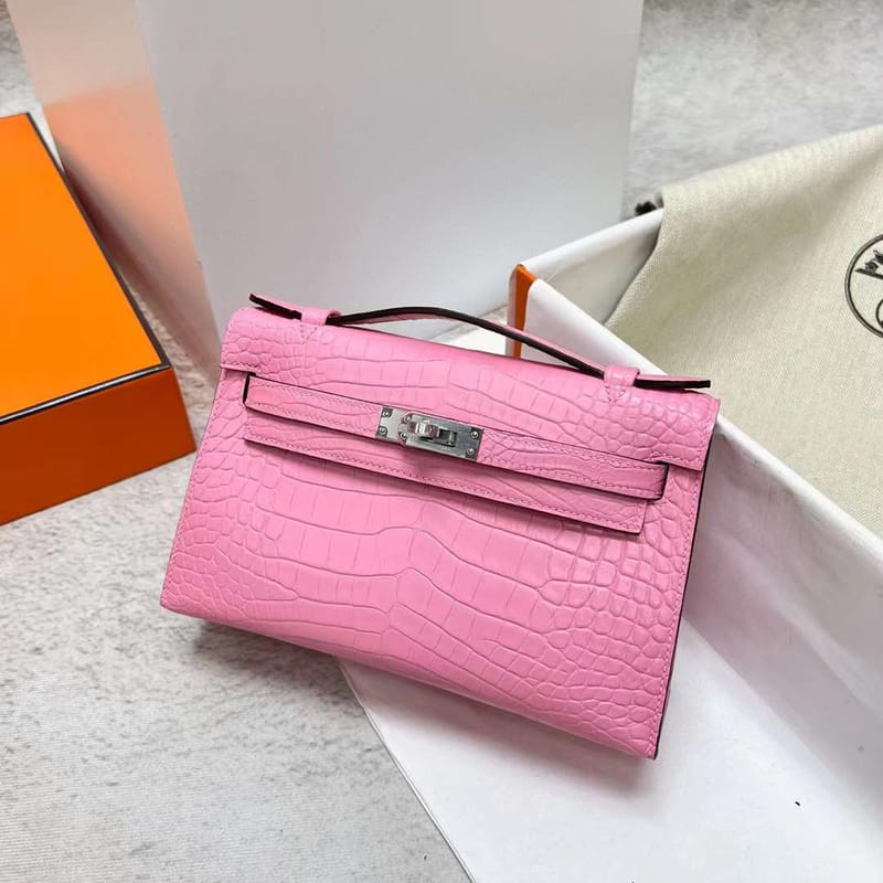 MINI KELLY POCHETTE MATTE ALLIGATOR CROCODILE 5P SAKURA PINK SILVER HARDWARE PHW 22CM FULL HANDMADE