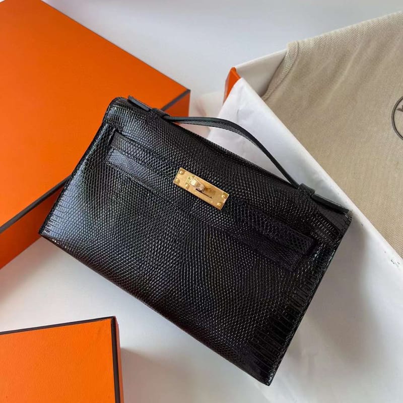 MINI KELLY POCHETTE LIZARD CK89 BLACK GOLD HARDWARE GHW 22CM FULL HANDMADE