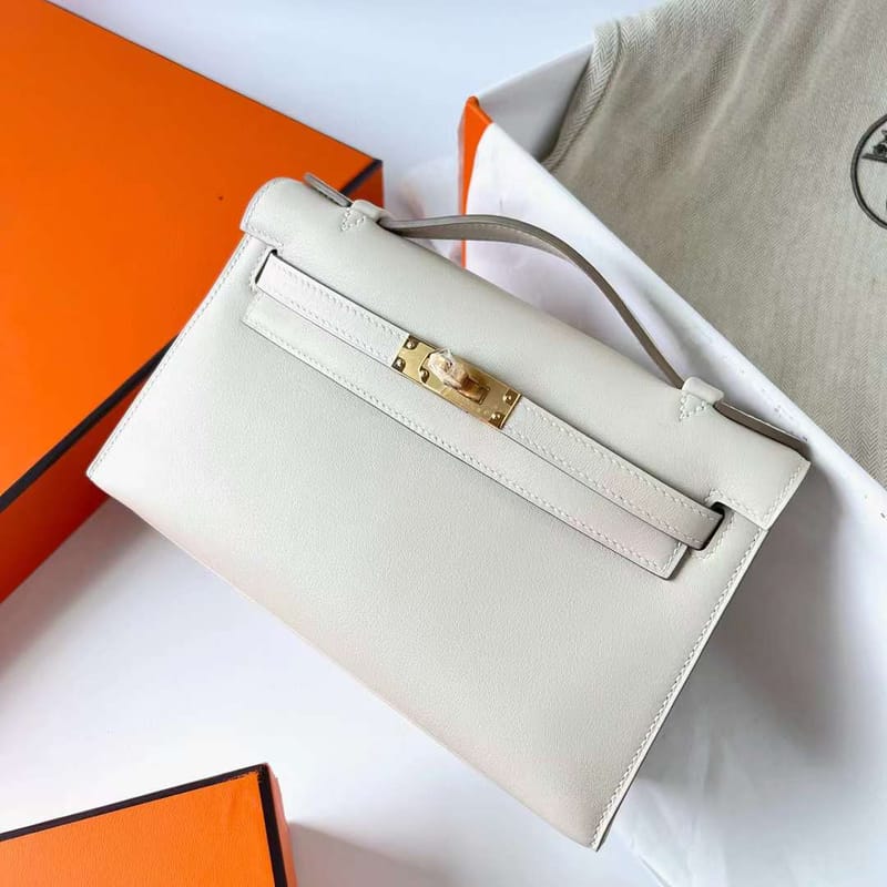 Kelly Pochette Swift Ck10 Creamy White Gold Hardware Ghw 22cm Full Handmade