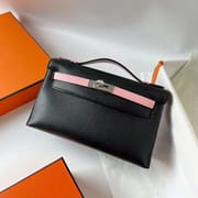 MINI KELLY POCHETTE SWIFT CK89 BLACK & 3Q NEW PINK SILVER HARDWARE PHW 22CM FULL HANDMADE