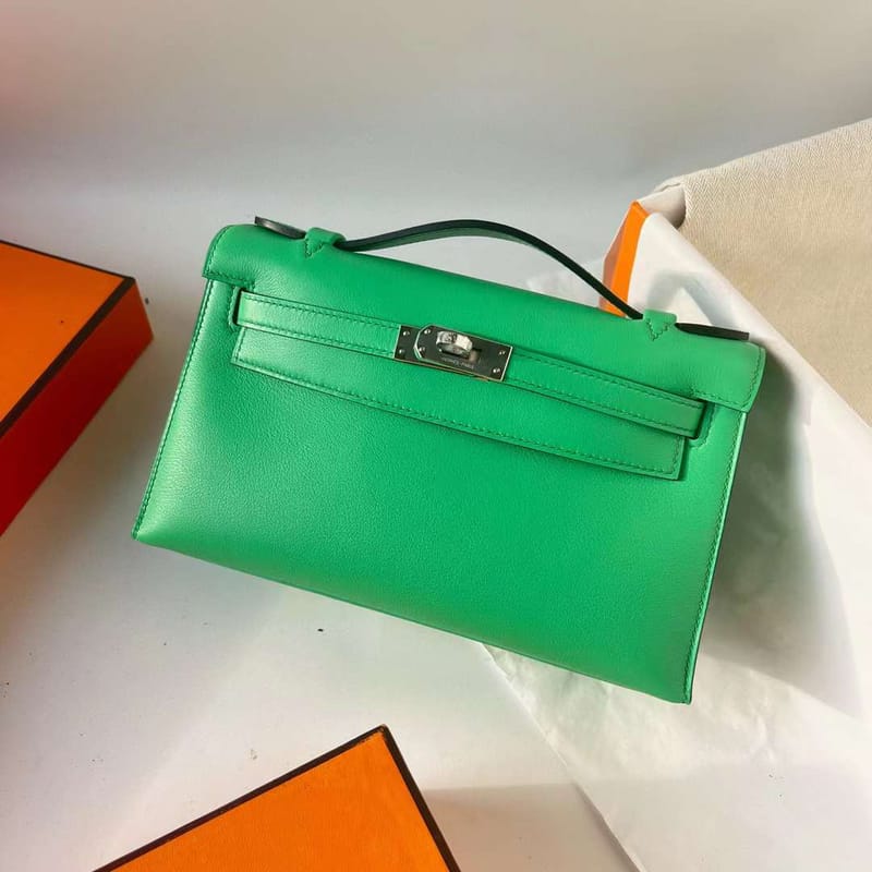 MINI KELLY POCHETTE SWIFT 0Z FRESH GREEN SILVER HARDWARE PHW 22CM FULL HANDMADE