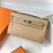 MINI KELLY POCHETTE OSTRICH S2 LIGHT KHAKI SILVER HARDWARE 22CM FULL HANDMADE PHW
