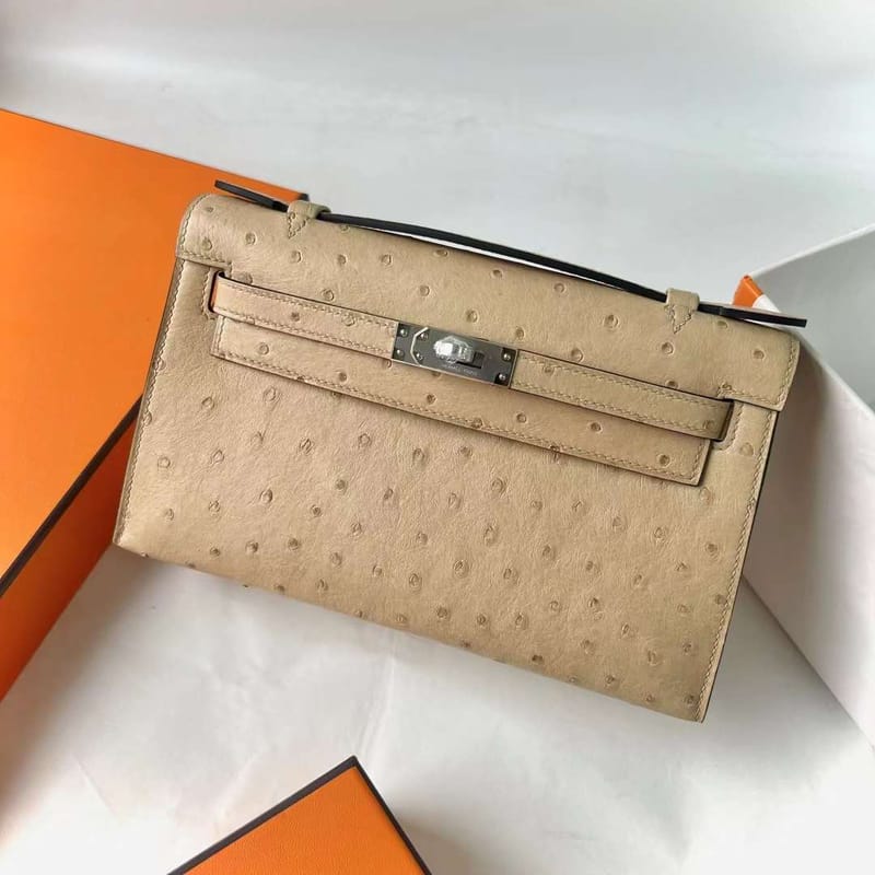 MINI KELLY POCHETTE OSTRICH S2 LIGHT KHAKI SILVER HARDWARE 22CM FULL HANDMADE PHW