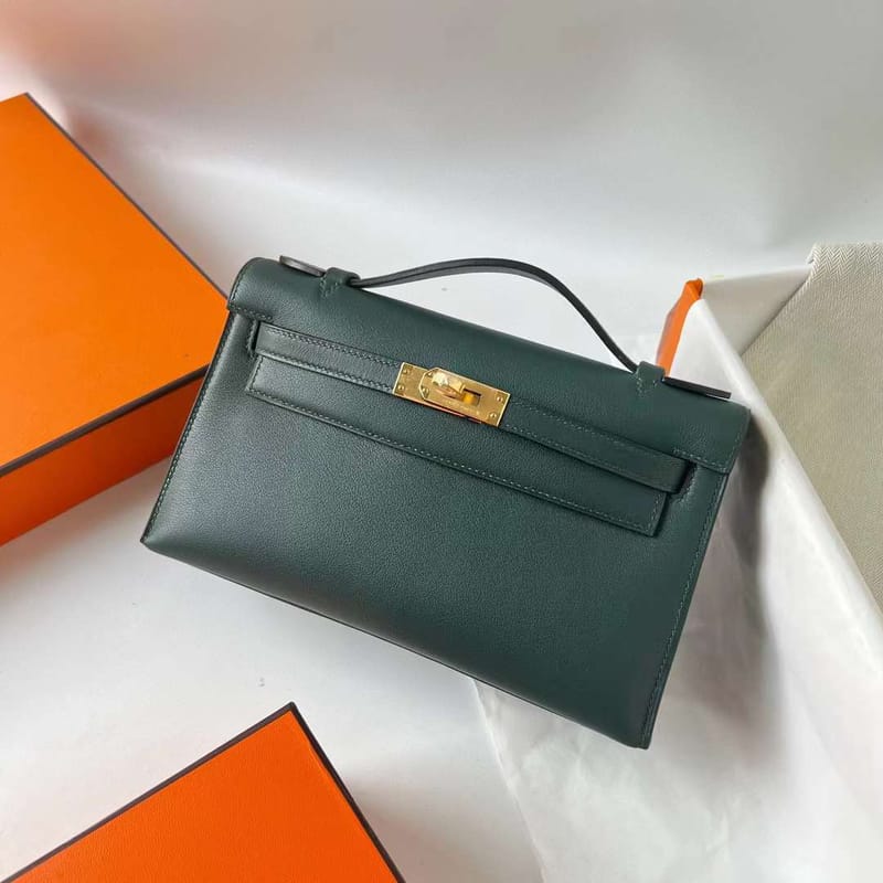 MINI KELLY POCHETTE SWIFT 6O PINE GREEN GOLD HARDWARE GHW 22CM FULL HANDMADE