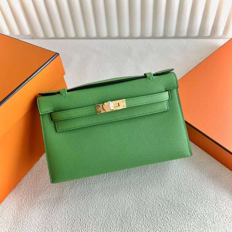 Kelly Pochette Epsom A8 Fresh Green Gold Hardware 22cm Full Handmade Ghw