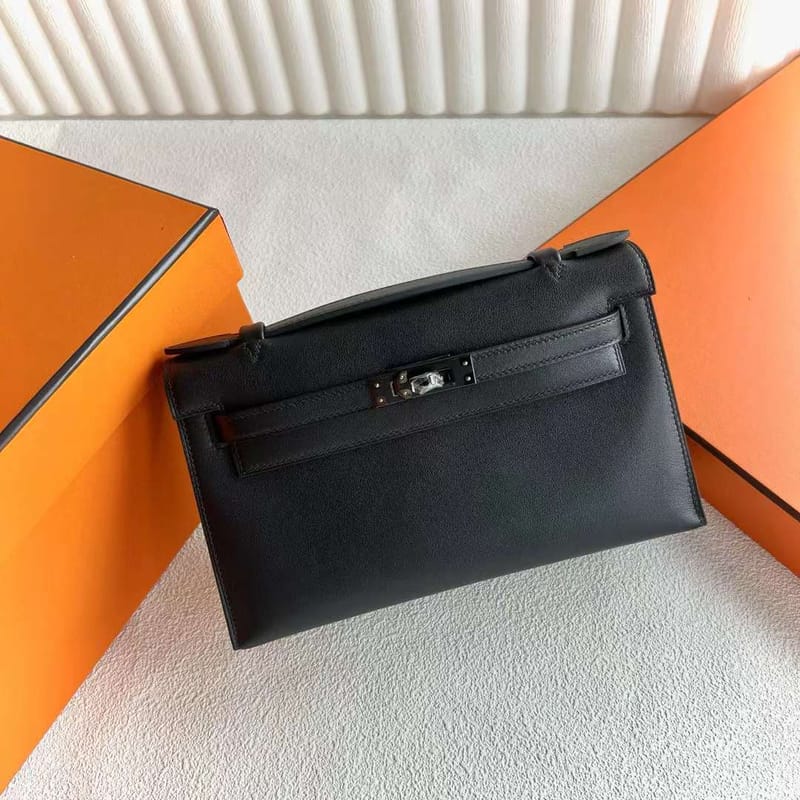 MINI KELLY POCHETTE SWIFT CK89 BLACK BLACK BUCKLE 22CM FULL HANDMADE
