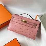 MINI KELLY POCHETTE OSTRICH CC94 DUSKY PINK GOLD HARDWARE GHW 22CM FULL HANDMADE