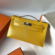 MINI KELLY POCHETTE LIZARD 9R LEMON YELLOW SILVER HARDWARE PHW 22CM FULL HANDMADE