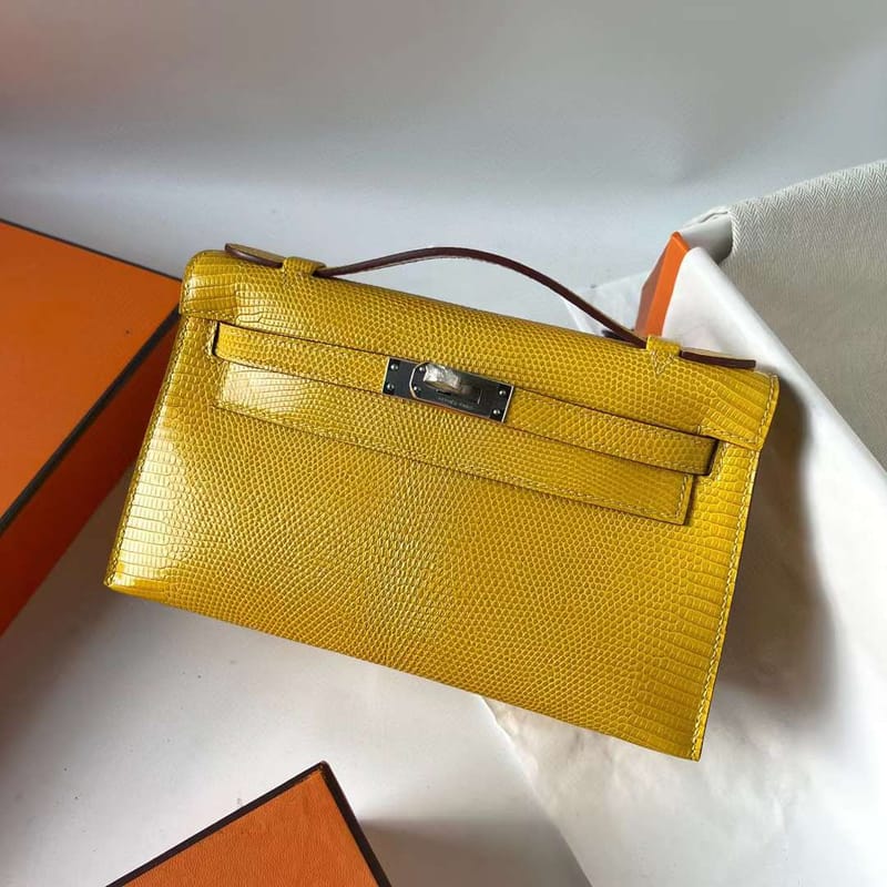 MINI KELLY POCHETTE LIZARD 9R LEMON YELLOW SILVER HARDWARE PHW 22CM FULL HANDMADE