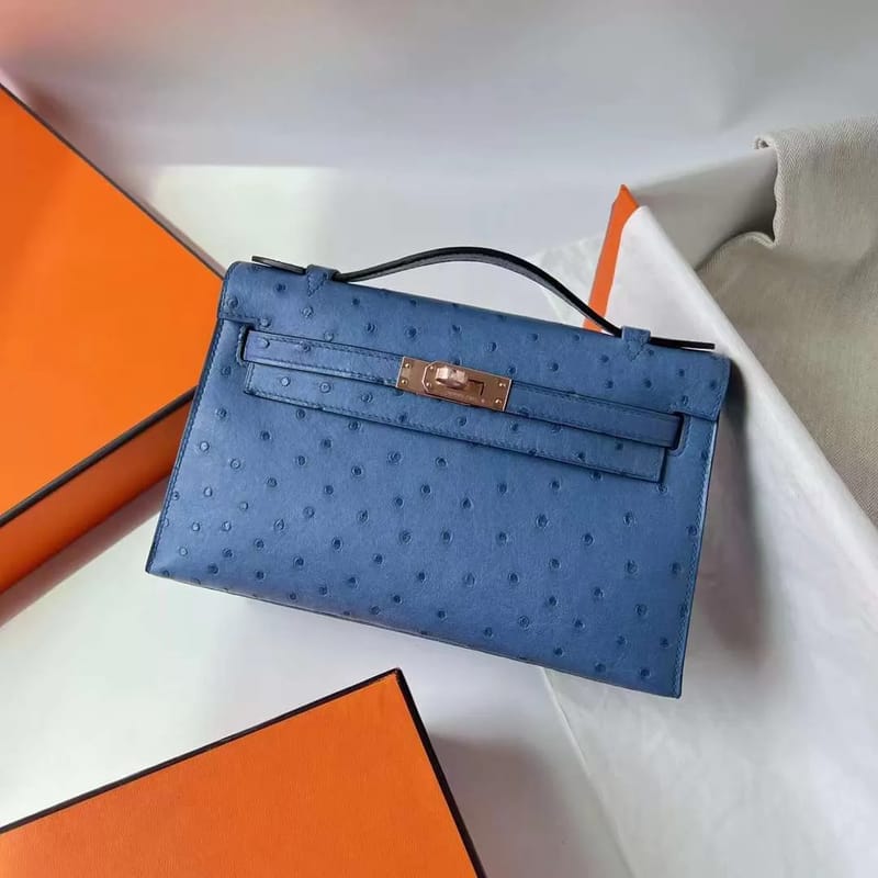MINI KELLY POCHETTE OSTRICH 2T SKY BLUE ROSE GOLD HARDWARE RGHW 22CM FULL HANDMADE
