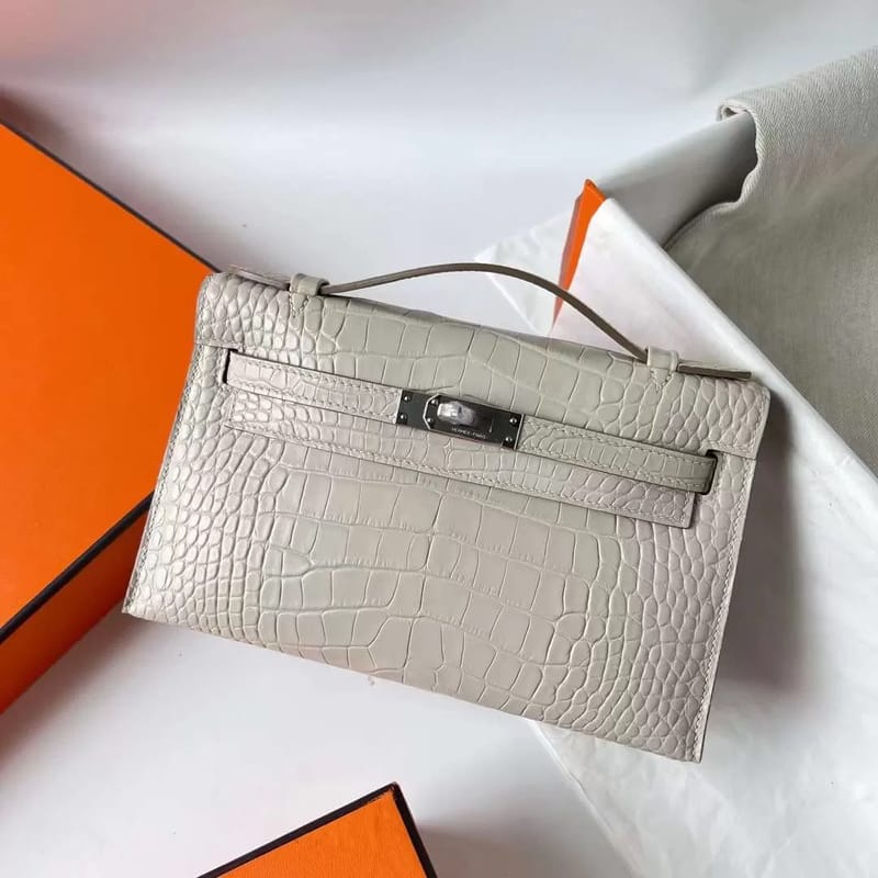 MINI KELLY POCHETTE MATTE ALLIGATOR CROCODILE 8L CREAMY WHITE SILVER HARDWARE PHW 22CM FULL HANDMADE